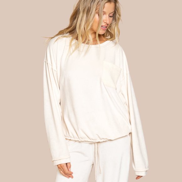 POL Soft Stretchy Velour Cream Beige Jogger Top - Picture 6 of 10